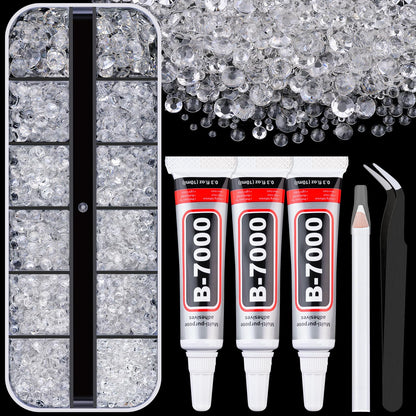 6000Pcs Resin Rhinestones for Bedazzling with 3Pcs B7000 Jewelry Glue, 1 Box Transparent Flatback Rhinestones for Crafting Crafts DIY, Crystals Gems for Clothing Shoes Tumblers Nail Art Makeup