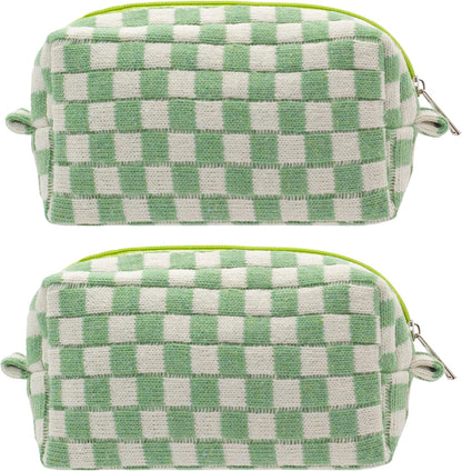 PAZIMIIK Checkered Makeup Bag for Purse Portable Zipper Make Up Pouch Small Cosmetic Case for Travel Accessories (2PCS Light Green)
