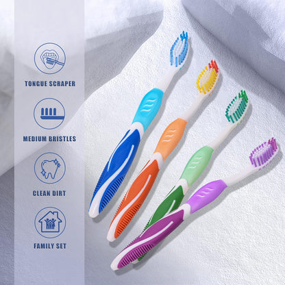 Toothbrush Medium Adults, Medium Toothbrushes for Adults with Tongue Scraper, Travel Toothbrushes with Ergonomic Handle, Assorted Colors, 8 Pack