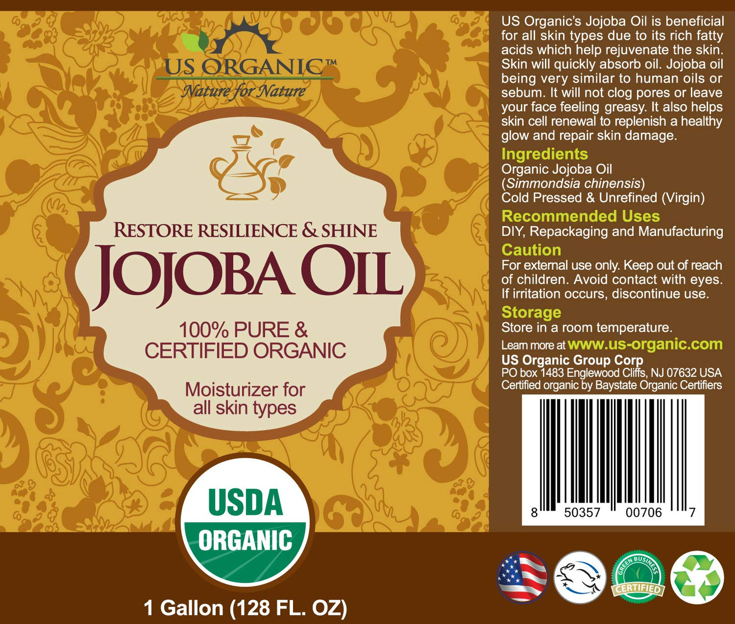 US Organic Jojoba Oil, USDA Certified Organic,100% Pure & Natural, Cold Pressed Virgin, Unrefined, Haxane Free, Sourced from Middle East, Size for DIY and Small Manufacturers (128 oz (1 Gallon))