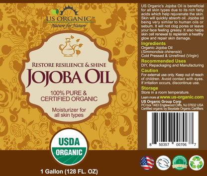 US Organic Jojoba Oil, USDA Certified Organic,100% Pure & Natural, Cold Pressed Virgin, Unrefined, Haxane Free, Sourced from Middle East, Size for DIY and Small Manufacturers (128 oz (1 Gallon))