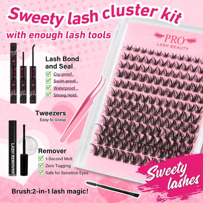 PRO LASHBEAUTY Manga Lash Clusters Kit with Lash Bond and Seal Eyelash Applictor Lash Remover DIY Lash Extension Kit for Beginner Waterproof Resuable Eyelash Extensions at Home (Sweety,8-16mix)