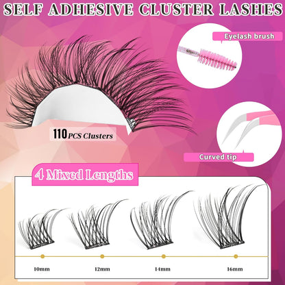 Self Adhesive Eyelashes Clusters Kit Lash Clusters DIY Eyelashes Pre Glued Lashes Extensions No Glue Needed lash Clusters D Curl Individual Lashes(A02,10-16mm,110Pcs)