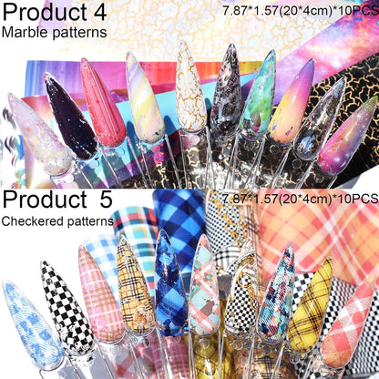 Nail Art Transfer Foils, 60 Pieces, Mixed Designs - Dried Flowers, Iridescent, Animal Print, Marble, Checkered Patterns, 1 Pcs Nail Art Engraving Pen Silicone Pen 7.87 x 1.57 inches(60)