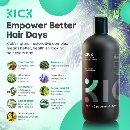 Kick Mens Shampoo - Peppermint & Tea Tree for Oil Control - Sulfate-Free, Refreshing Formula - Anti-Dandruff and Scalp Soothing - Shampoo for Oily Hair - Cruelty-Free - 16.6oz