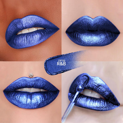 Blue Lipsticks for Women Metallic Lipstick Long Lasting Non Stick Cup Lip Gloss, Shimmer Lightweight Hydrating Full Coverage Lip Color, DP118 R&B