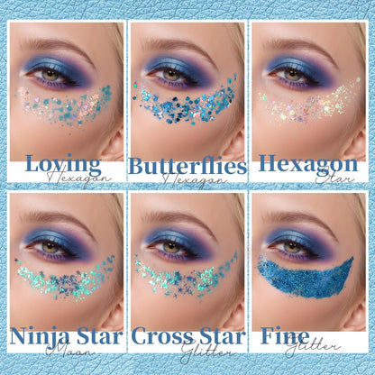 Teenitor Face & Body Glitter - Blue, Hair Glitter Gel, 6 Shapes Festival Makeup Glitter for Face, Hair & Body