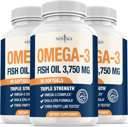 Triple Strength Omega 3 Fish Oil 3750 mg - EPA & DHA - Over 3000mg Omega-3 Fatty Acids - 1350mg EPA + 900mg DHA - Best Essential Fatty Acids, Burpless Fish Oil - 270 Count