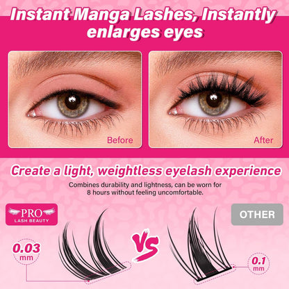 PROLASHBEAUTY Manga Lash Clusters Kit Wispy Eyelash Clusters DIY Lash Extension Kit Individual lashes Incisible Band Eyelash Extension Kit with Lash Glue, Tweezers Lash Brush (Genie,8-16mix)