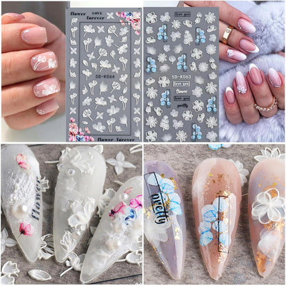 6 Sheets White Flower Nail Art Stickers Decals 5D Embossed Nail Decals Spring Winter Nails Art Self-Adhesive Supplies Accessories 3D Flower Stickers for Women Nails Design Decoration