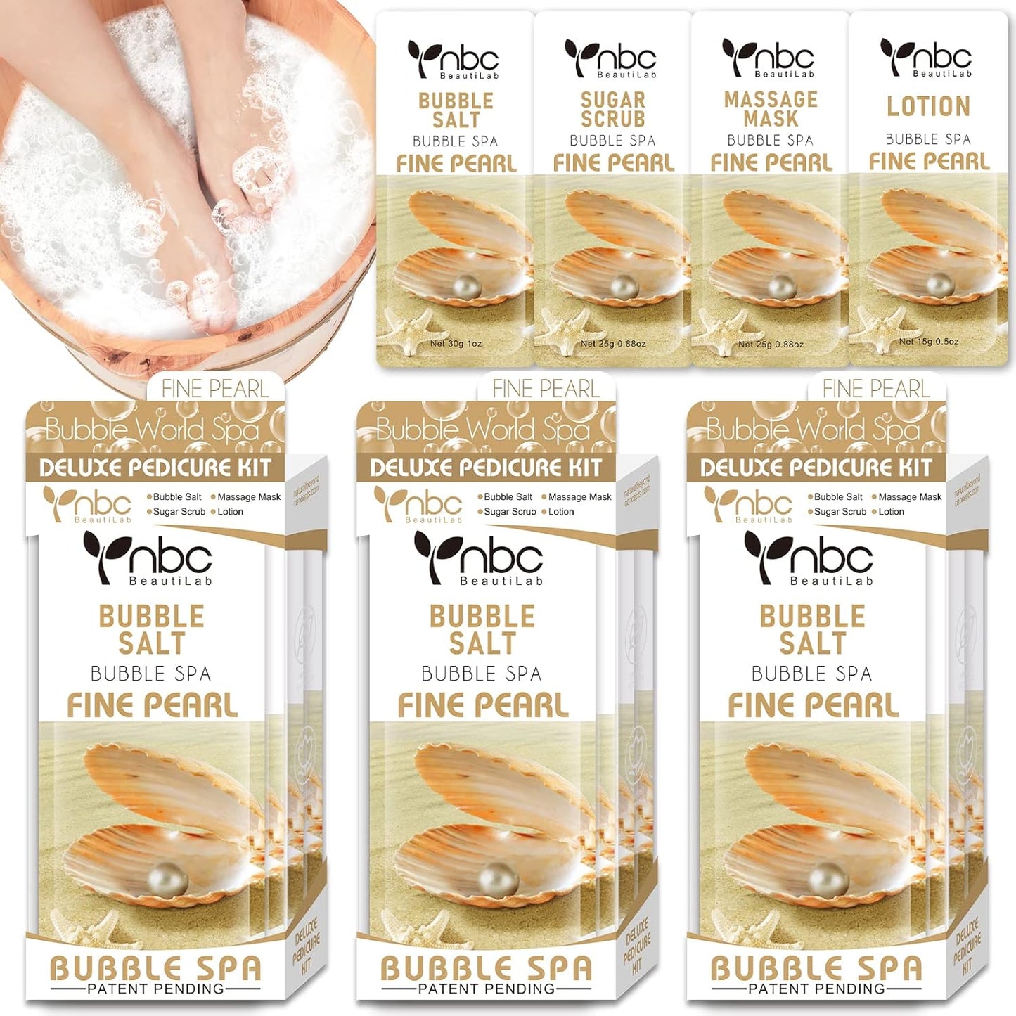 Pedicure Kit Foot Soak Set: Bubble Salt, Sugar Scrub, Massage Mask, Massage Lotion in a Box, 4 Step Foot Spa Kit for Dry Feet,Tired Feet（3 Set Pearl)