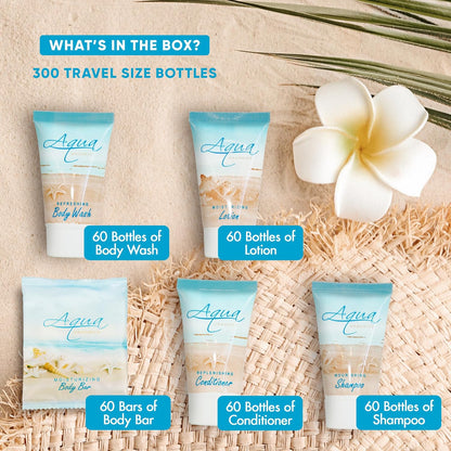 Aqua Organics Hotel Soaps and Toiletries Bulk Set | 1oz Hotel Shampoo & Conditioner, Body Wash, Body Lotion & 1oz Bar Soap Travel Size | 300 Pieces