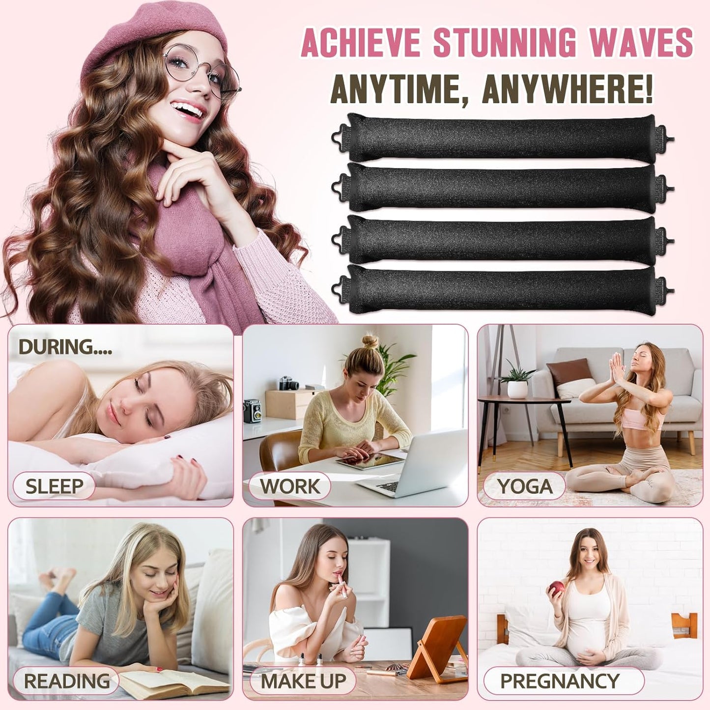 Heatless Curls Overnight, 4 Pcs No Heat Curling Blowout Rod, Satin Blowout Look Heatless Hair Rollers, Soft Flexi Rods for Big Curls to Sleep In