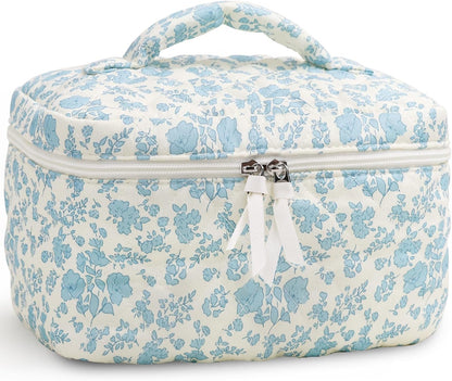 Prite Large Makeup Bag Cute Cosmetic Bag for Women Floral Coquette Aesthetic Toiletry Bag Travel Make Up Organizer Bag(Blue Flower)