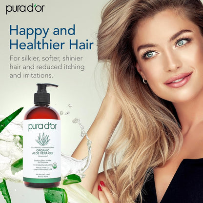 PURA D'OR 16 Oz ORGANIC Aloe Vera Gel - Unscented - All Natural - ZERO Artificial Preservatives - Deeply Hydrating & Moisturizing - Sunburn, Bug Bites, Rashes, Small Cuts, Eczema Relief - Skin & Hair