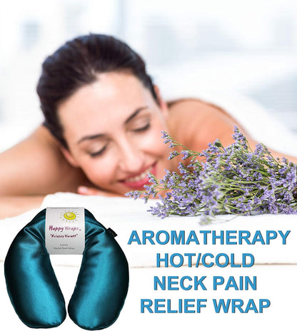 Microwavable Herbal Neck Wrap - Hot Cold Aromatherapy Neck Warming Pillow - Heating Pad for Migraines, Stress, Gifts for Women, Birthdays, Christmas and Free Sleep Mask - AuqaBlue Satin