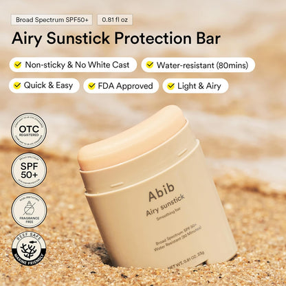 Abib Airy Sunstick Protection Bar Broad Spectrum SPF50+ 0.81 oz / 23 g (Semi-matte) | Korean Suncreen Stick Suncare Sunblock, No Whitecast, Protector Solar Barra, Water resistant