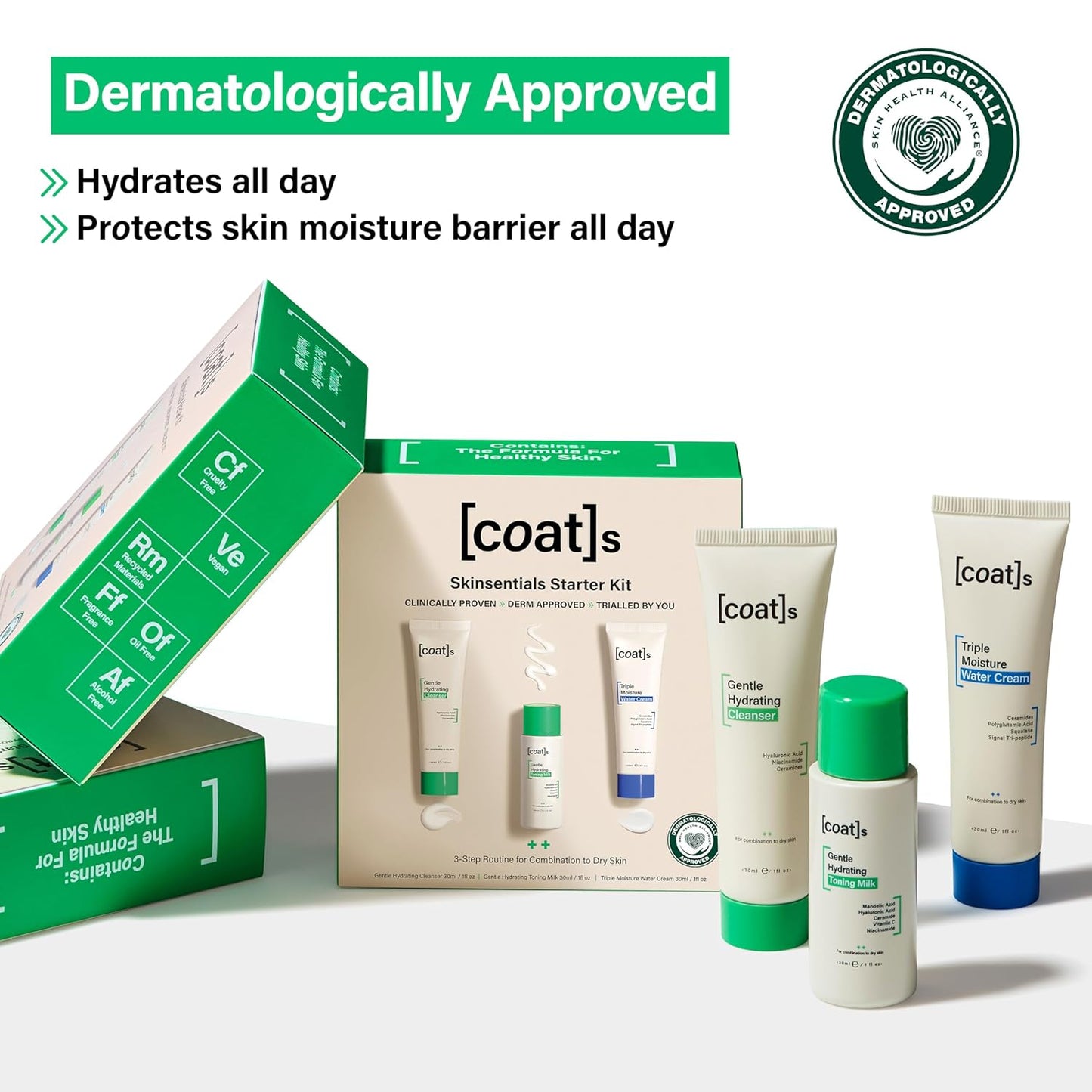 Coats Skinsentials Starter Bundle – Travel-Size Cleanser 1 oz, Toner 1 oz & Moisturizer 1 oz – 3-Step Regimen Prevents Breakouts and Protects Skin Barrier with Ceramides, For Women and Men