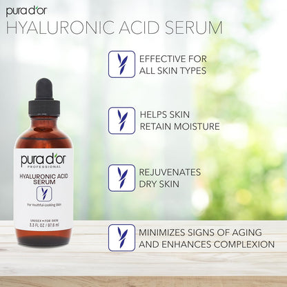 PURA D'OR 3.3 Oz Hyaluronic Acid Serum For Deep Hydration - Anti-Aging, Plumping & Moisturizing Formula For Smooth, Supple Skin - Natural Skincare Boost - Fine Lines & Wrinkle Reducer - Travel Size
