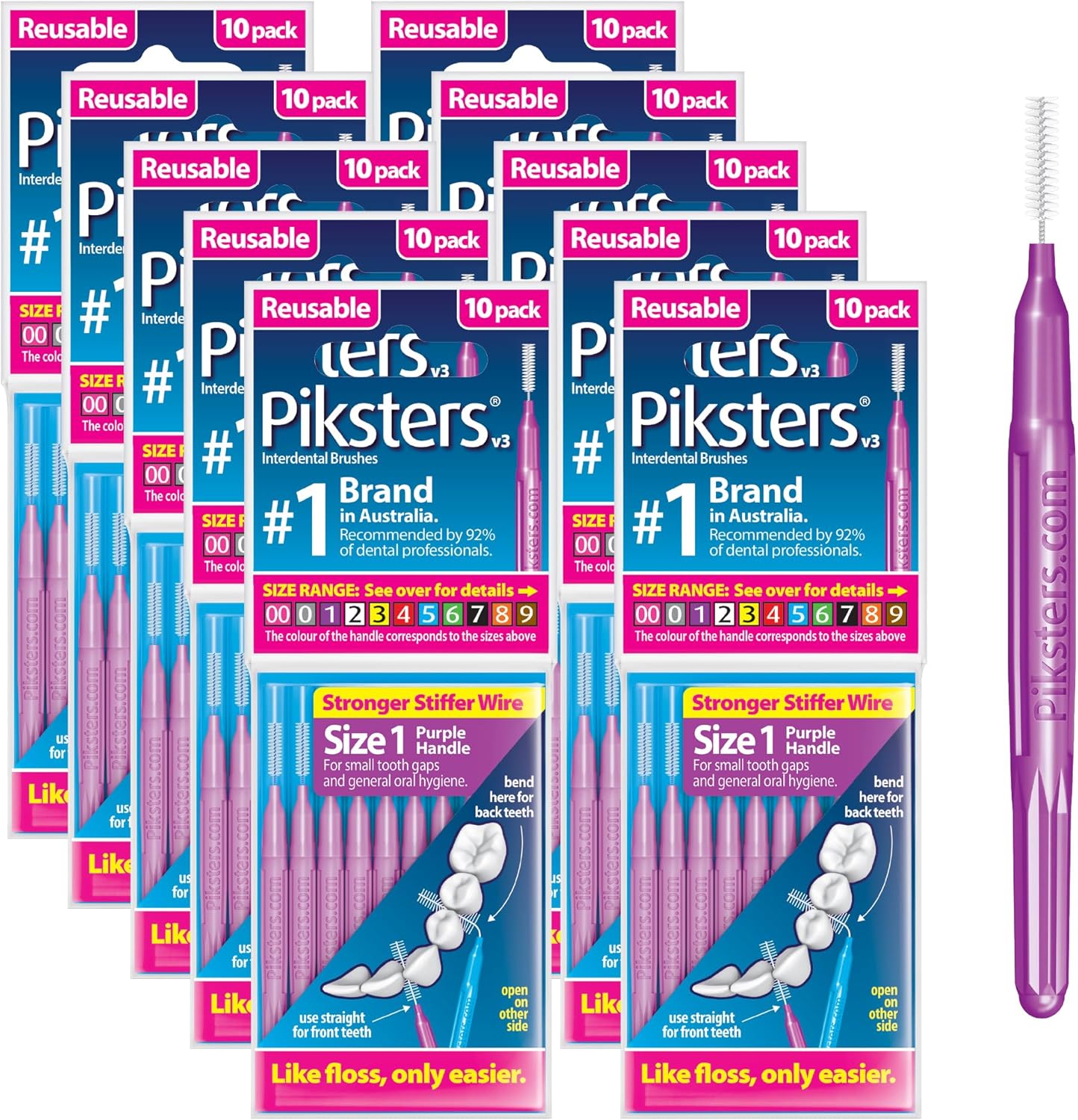 Piksters Interdental Brushes, Size 1,100 Count (10 x 10 Packs), Interdental Tooth Brush for Tight Gaps, Gum Soft Bristles for Plaque Removal, Safe for Braces (100 pk)