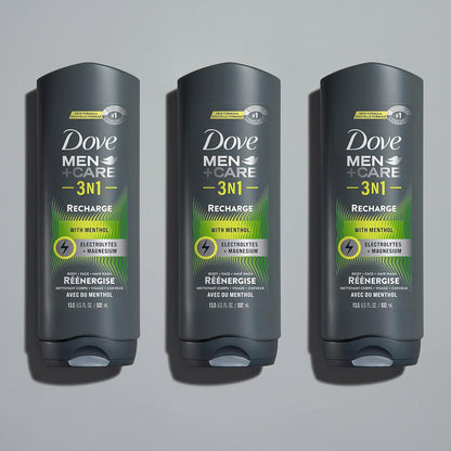 DOVE MEN + CARE Post-Workout Body Wash 3N1 Recharge 4 Count For Men With Menthol, 18 oz