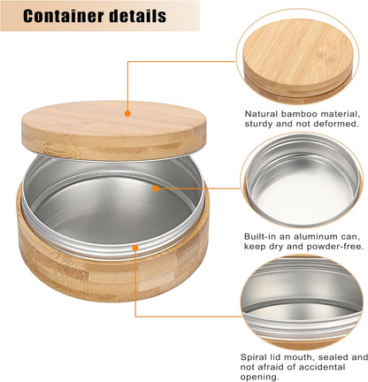 ELLDOO Body Powder Puff and Container, 10oz Empty Bamboo Case with Aluminum Inner Jar, Travel Loose Dusting Powder Storage Box with 2pcs Powder Puffs for Baby Women