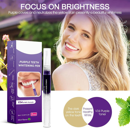 Teeth Whitening Pen 3 Packs Mint Flavor, Purple Toothpaste for Teeth Whitening, Color Correcting Whiter Gel Pen for Sensitive Teeth, Essence Pen for Coffee/Smoking Stains, Gentle Formula