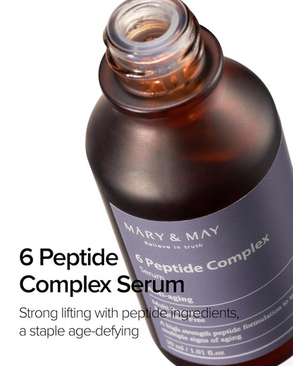Mary&May 6 Peptide Complex Serum - Advanced Wrinkle Improvement with Firming and Lifting Effects - Korean Skincare - Fragrance Free, Hypoallergenic, Quick Absorbing, 1.01oz.