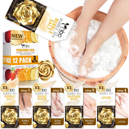 Pedicure Kit Foot Soak Set: Bubble Salt, Sugar Scrub, Massage Mask, Massage Lotion in a Box, 4 Step Foot Spa Kit for Dry Feet,Tired Feet（3 Set Golden petals)