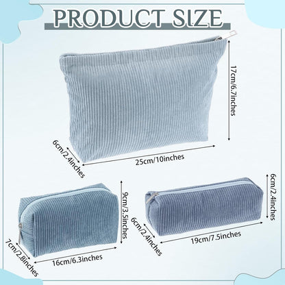 3 Pcs Makeup Bag Set for Women Corduroy Cosmetic Pouch Aesthetic Smile Travel Toiletry Bag Cute Purse Pouch Pencil Case Makeup Brushes Storage Organizer for Christmas(Blue,Gradient)