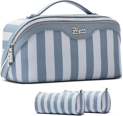 BOYATU Travel Makeup Bag for Women: Large Cosmetic Bag Set of 3 - PU Leather Make up Bag with Compartments - Compact Waterproof Toiletry Bag with Divider & Handle (A-02Blue)