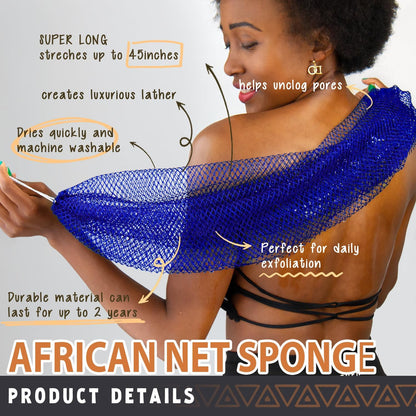 African Net Sponge Authentic - 2 Pieces African Exfoliating Net Bath Sponges for Shower Navy&Yellow - Body Scrubber Exfoliator Loofah Wash Cloth - Afro Back Scrub for Women Bathing Accessories
