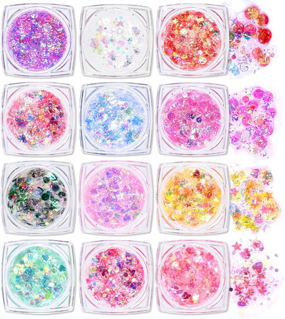 Ownest 12 Colors Holographic Chunky Glitter Gel Set, Christmas Party Makeup Face Body Eye Lips Hair Nail Cosmetic Festival Chunky Glitter Eyeshadow, Mixable, No Need Glue