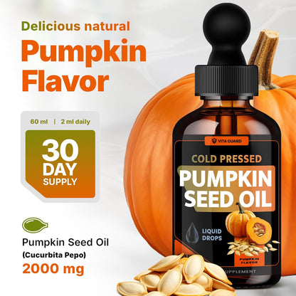 Cold Pressed Pumpkin Seed Oil Liquid Drops – 2000mg per Serving | Vegan, Gluten-Free, Non-GMO | Hair, Skin & Prostate Support | Natural Pumpkin Flavor | 60ml Dietary Supplement
