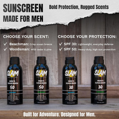 SLAM WoodsMan Men's Scented Sunscreen Spray SPF 30 – Broad Spectrum Sun Screen Spray for Face & Body, Water Resistant & Sweat Resistant Sunscreen, UVA/UVB Protection, Sunblock for Men