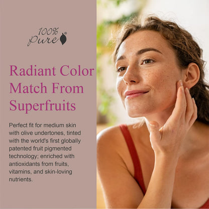 100% PURE Healthy Foundation Full Face Coverage Makeup, Liquid Matte Finish with Anti-Aging Benefits - Vegan Gorgeous Fruit Pigmented Peach Bisque Color (Medium with Olive Undertone) - 1 Fl Oz