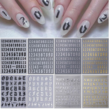 8 Sheets Letters Nail Stickers Decals Alphabet Numbers Nail Decals for Nail Art 3D Self-Adhesive Metallic Black Silver Gold Nail Art Stickers Supplies for Women Girls Nail Decoration Manicure