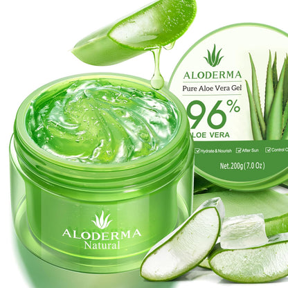 Aloderma Organic Aloe Vera Gel for Face & Body, 96% Pure Aloe Gel Made within 12 Hours of Harvest, Ideal for Skin, Scalp, & Hair Hydration, Calming Moisturizer for Soothing After Sun Care, 7.05oz