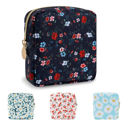 Waterproof Mini Floral Makeup Bag Pouch for Purse,Nylon Flower Cosmetic Travel Bag Small Preppy Toiletry Organizers Bag for Women Girl,Cute Zipper Pouch Coin Purse for Work(Mini Black-Flowers)