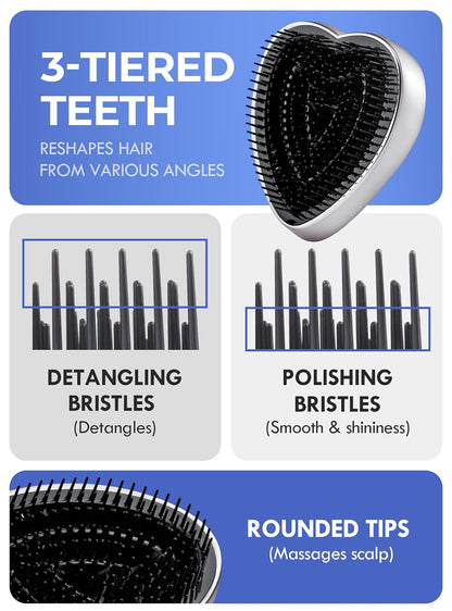 ReFa Heart Brush SILVER | Heart Shaped Hair Brush for Women | No Tangle Hair Brush | Small Hair Brush for Thick Hair | Hair Detangler Hair Brush Travel Hair Brush