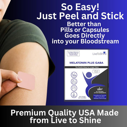 Live To Shine Melatonin Patches for Sleep - Plus GABA to Calm Busy Brains Fast - Perfect Combo for Men and Women - Slow Release - 30 Patches - USA Made
