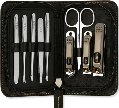 9 Pcs Manicure Kit for Men & Women – Stainless Steel Tools with Travel Nail Kit Case, Nail Clippers, Cuticle Pusher, File, Gift Ready Women & Mens Manicure Set (Black)