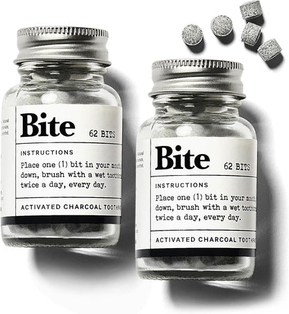 Bite Whitening Toothpaste Tablets – Nano Hydroxyapatite & Xylitol (Mint Charcoal) | Sensitive Teeth Friendly | No Fluoride, Vegan, Cruelty-Free | Travel-Size | 2 Bottles (124 Bits) | Made in USA