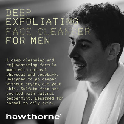 Hawthorne Men's Deep Exfoliating Charcoal Face Wash Cleanser For Normal to Oily Skin. Eliminate Dirt, Grease, and Grime. Natural Ingredients, Vegan, Sulfate Free. 2-Pack, 4 Fl. Oz. Each