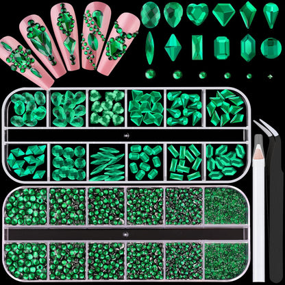 2680Pcs Emerald Green Glass Nail Rhinestones 120Pcs Multi Shapes Flatback Nail Gems + 2560Pcs 1.5-4mm Round Crystal, Manicure Nail Charms Diamond Gemstone for Acrylic Nails Decoration