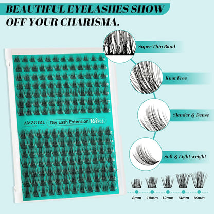 Lash Extension Kit,DIY Eyelash Clusters Kit 168Pcs with Lash Bond and Seal Glue Waterproof,Eyelashes Remover for Lash Cluster Extensions Kit for Beginner,Lashes Applicator Tool(Medusa,D-Mix8-16mm Kit)