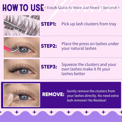 JIMIRE Self Adhesive Eyelashes Wispy Lash Clusters Natural Look 9-12MM Press on Lashes Self Adhesive Lash Clusters No Glue Needed Natural Pre Glued Lashes Clusters Reusable Invisible Band