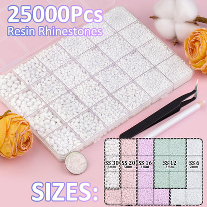 25000Pcs Resin Rhinestones with Tweezers for Crafting, White 2-6mm Mixed Sizes Non Hotfix Flatback Gems, Bedazzling Crystal for DIY Craft Clothing Mugs Tumblers Shoes Fabric Decor Nail Art