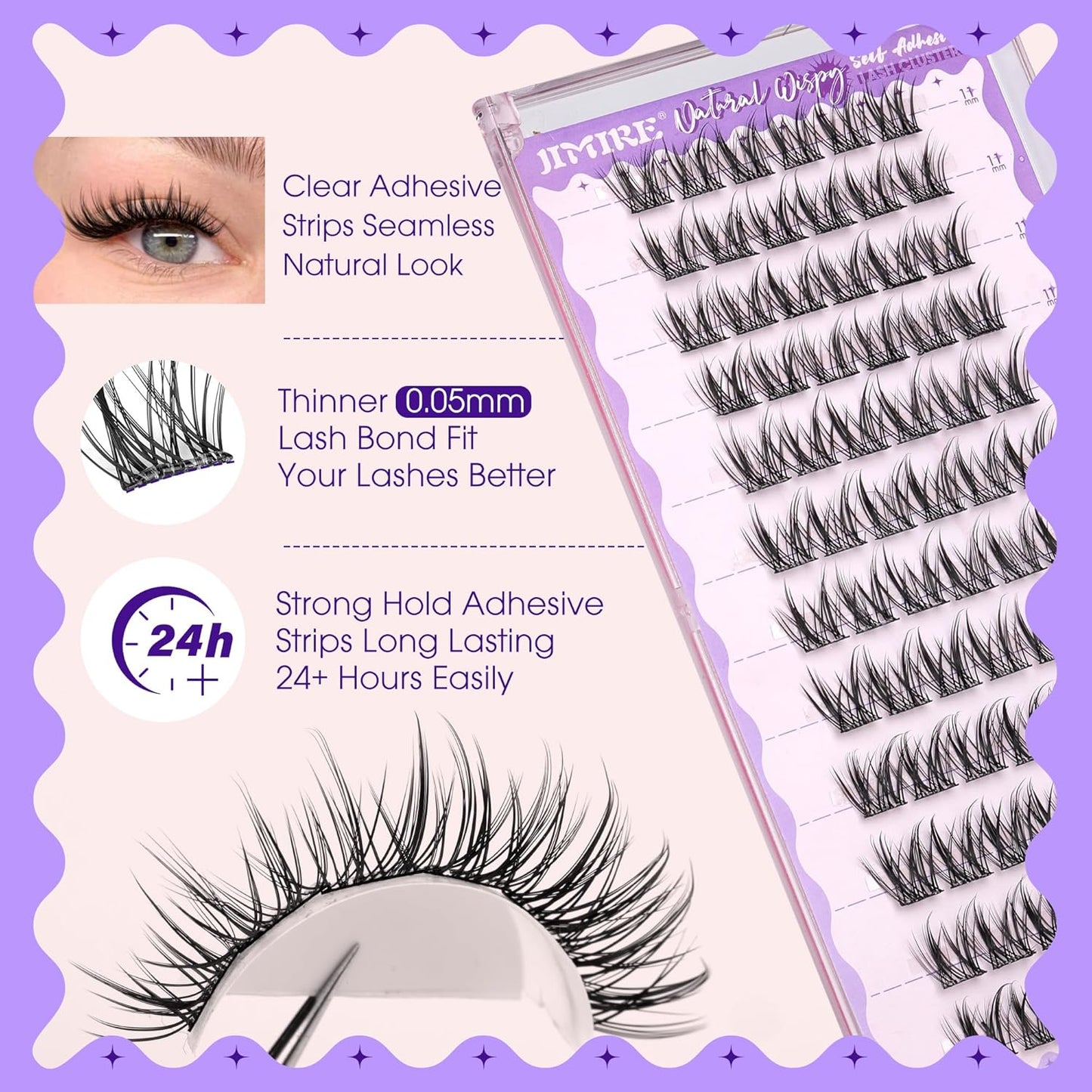 JIMIRE Self Adhesive Eyelashes Manga Lash Clusters Natural Look 11-13MM Wispy Pre Glued Lashes Clusters No Glue Needed Press on Lashes Reusable Invisible Band Fluffy Cluster Eyelash Extensions