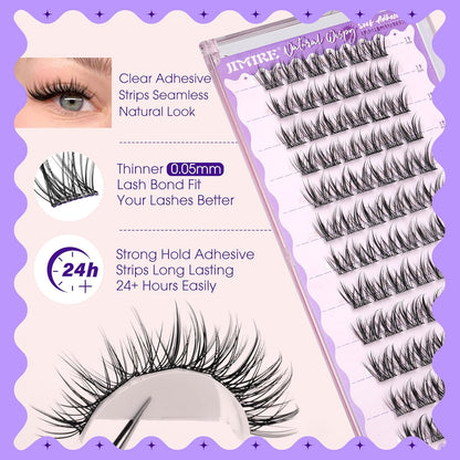 JIMIRE Self Adhesive Eyelashes Manga Lash Clusters Natural Look 11-13MM Wispy Pre Glued Lashes Clusters No Glue Needed Press on Lashes Reusable Invisible Band Fluffy Cluster Eyelash Extensions